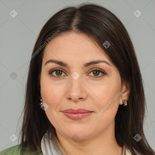 Joyful white adult female with medium  brown hair and brown eyes