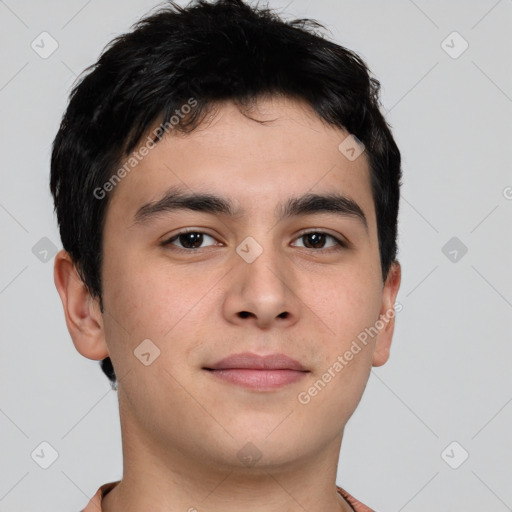 Neutral asian young-adult male with short  brown hair and brown eyes