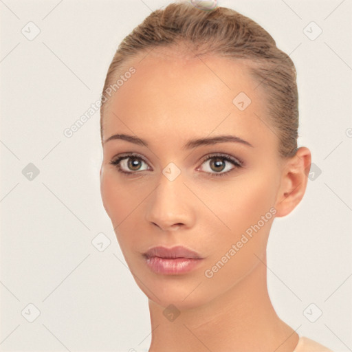 Neutral white young-adult female with short  brown hair and brown eyes