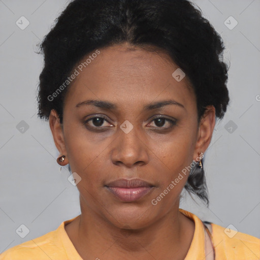 Neutral black young-adult female with short  black hair and brown eyes