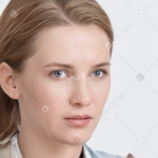 Neutral white young-adult female with medium  brown hair and grey eyes