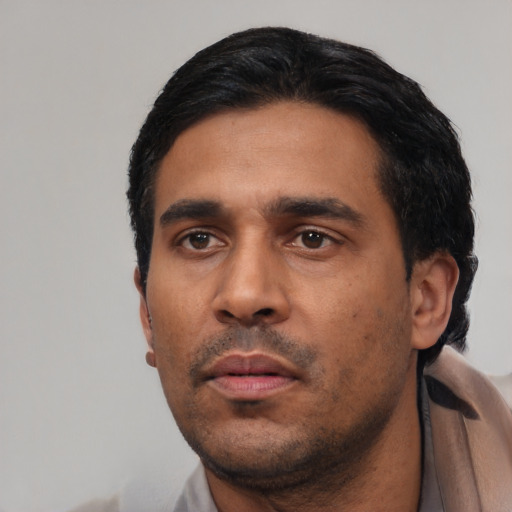 Neutral latino adult male with short  black hair and brown eyes