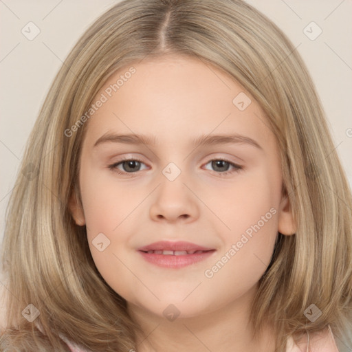 Joyful white child female with medium  brown hair and brown eyes