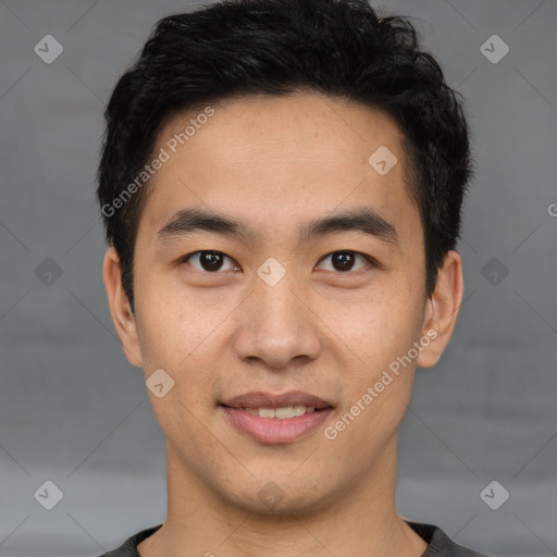 Joyful latino young-adult male with short  brown hair and brown eyes