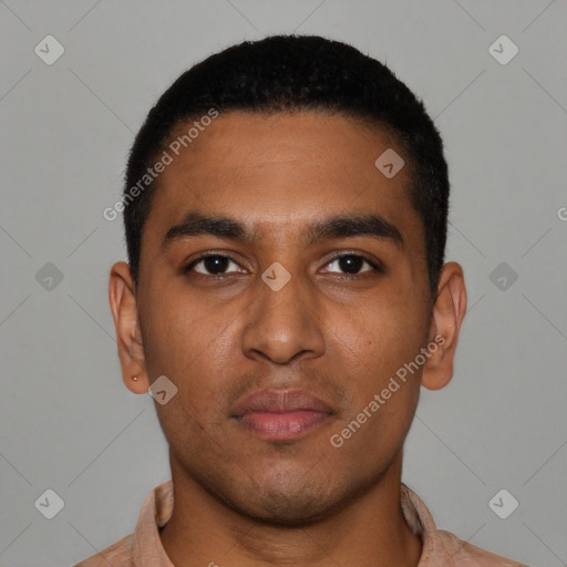 Neutral black young-adult male with short  black hair and brown eyes