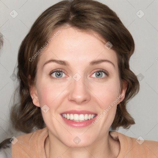 Joyful white young-adult female with medium  brown hair and blue eyes