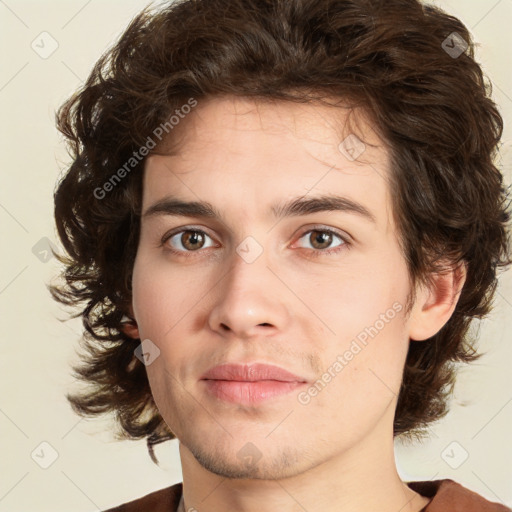 Joyful white young-adult male with medium  brown hair and brown eyes