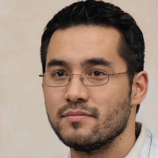 Neutral asian young-adult male with short  black hair and brown eyes