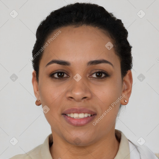 Joyful latino young-adult female with short  brown hair and brown eyes