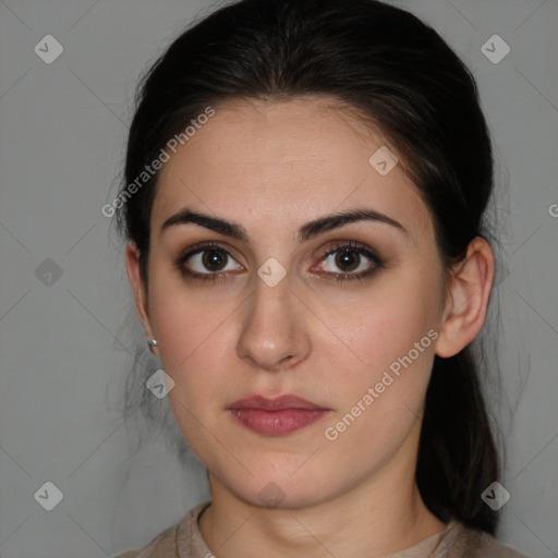 Neutral white young-adult female with medium  brown hair and brown eyes