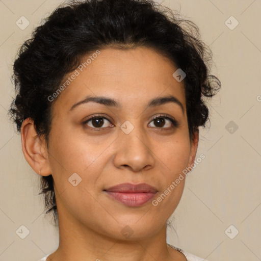 Joyful latino young-adult female with short  brown hair and brown eyes