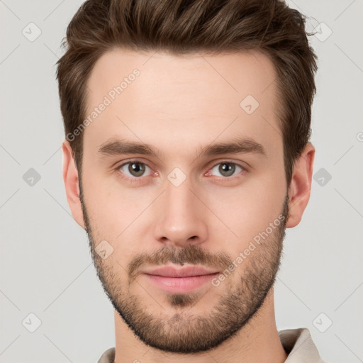 Neutral white young-adult male with short  brown hair and brown eyes