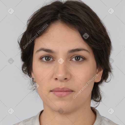 Neutral white young-adult female with medium  brown hair and brown eyes