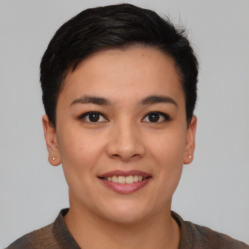 Joyful asian young-adult female with short  black hair and brown eyes