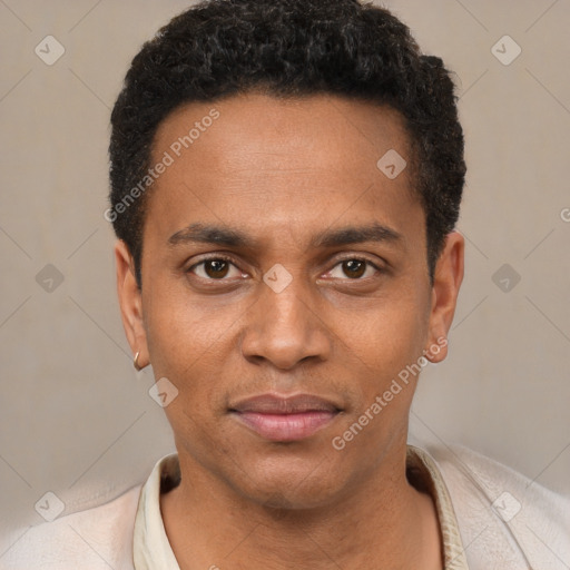 Joyful black young-adult male with short  black hair and brown eyes
