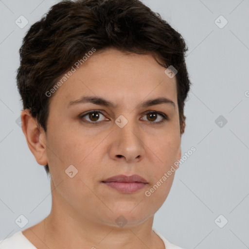 Neutral white young-adult female with short  brown hair and brown eyes