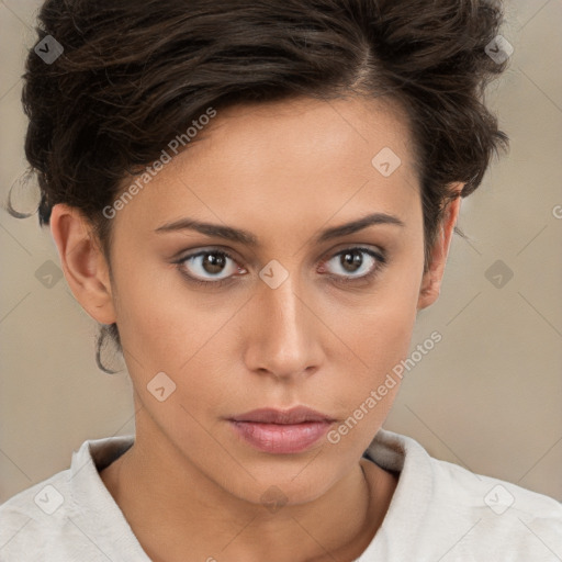 Neutral white young-adult female with short  brown hair and brown eyes