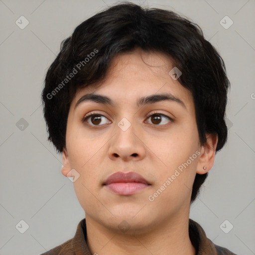 Neutral asian young-adult female with medium  black hair and brown eyes