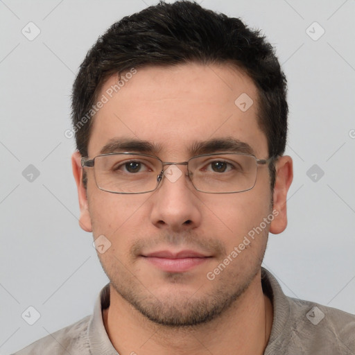 Neutral white young-adult male with short  brown hair and brown eyes