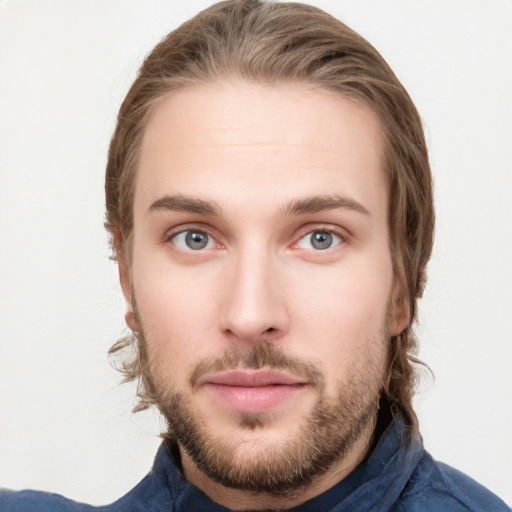 Neutral white young-adult male with short  brown hair and grey eyes