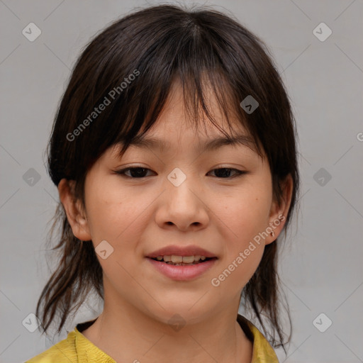 Joyful white child female with medium  brown hair and brown eyes