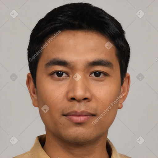 Neutral asian young-adult male with short  black hair and brown eyes