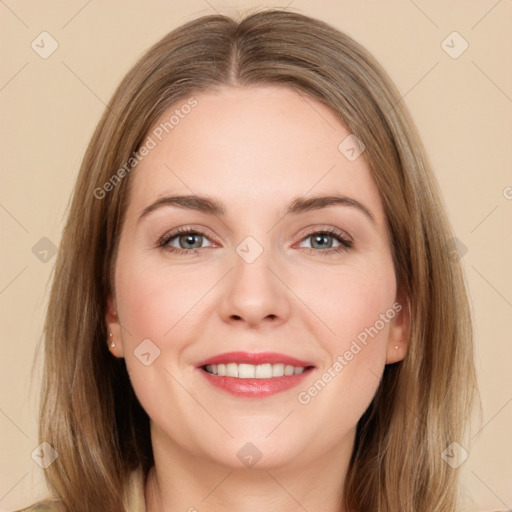 Joyful white young-adult female with long  brown hair and green eyes