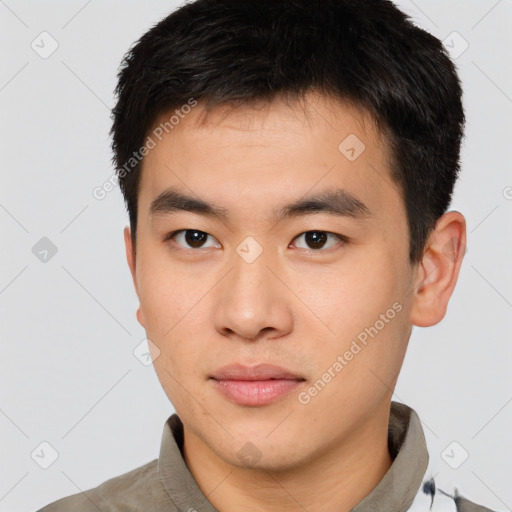 Neutral asian young-adult male with short  black hair and brown eyes