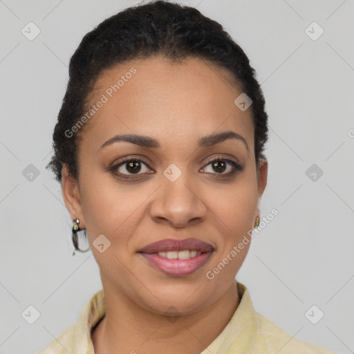 Joyful latino young-adult female with short  brown hair and brown eyes