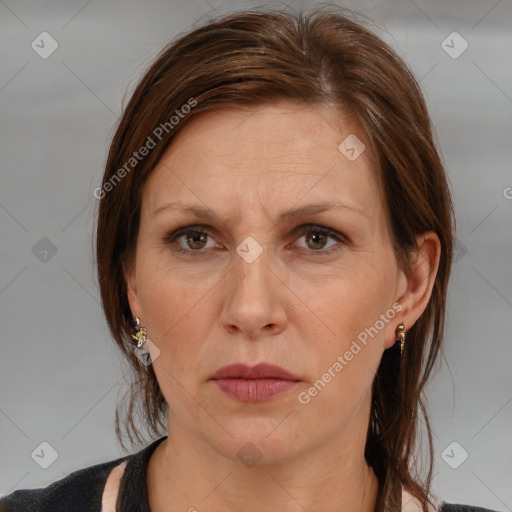 Neutral white adult female with medium  brown hair and brown eyes