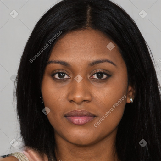 Joyful asian young-adult female with long  black hair and brown eyes