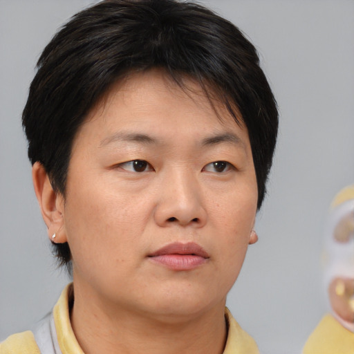Neutral asian young-adult female with medium  brown hair and brown eyes