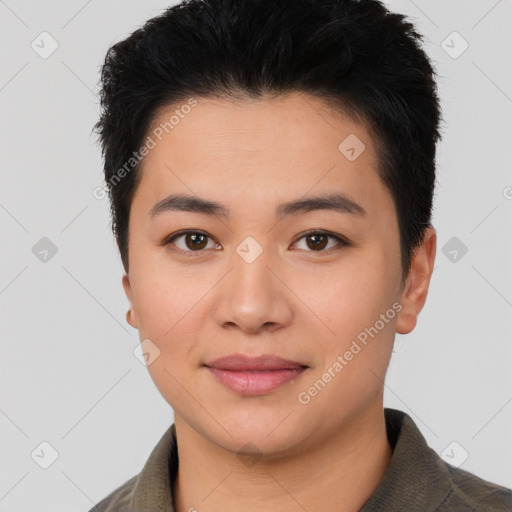 Joyful asian young-adult female with short  black hair and brown eyes