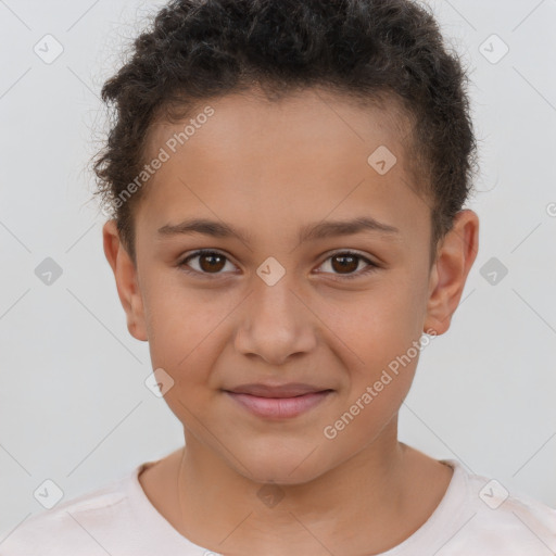 Joyful white child female with short  brown hair and brown eyes