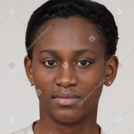 Neutral black young-adult female with short  brown hair and brown eyes