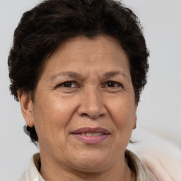 Joyful white middle-aged female with short  brown hair and brown eyes