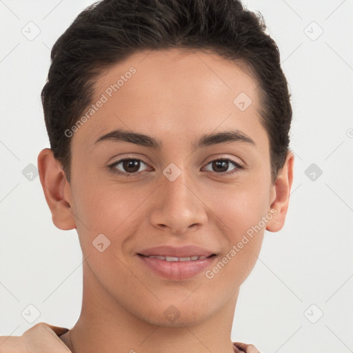 Joyful white young-adult female with short  brown hair and brown eyes