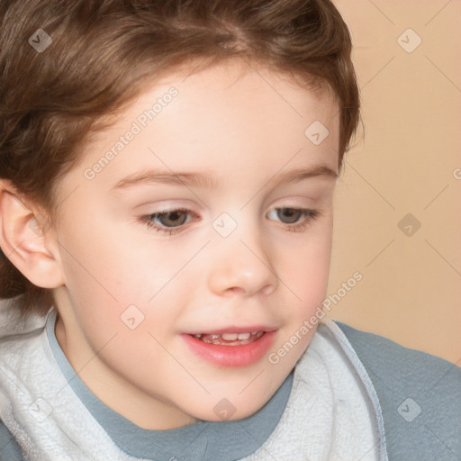 Joyful white child female with short  brown hair and brown eyes