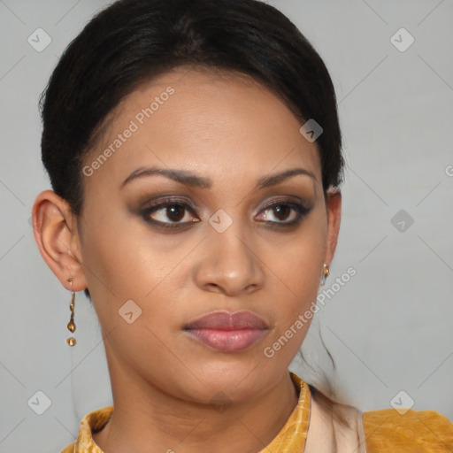 Joyful latino young-adult female with short  brown hair and brown eyes