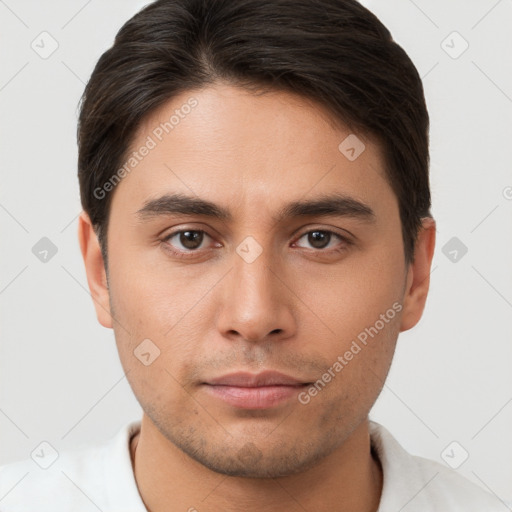 Neutral white young-adult male with short  brown hair and brown eyes