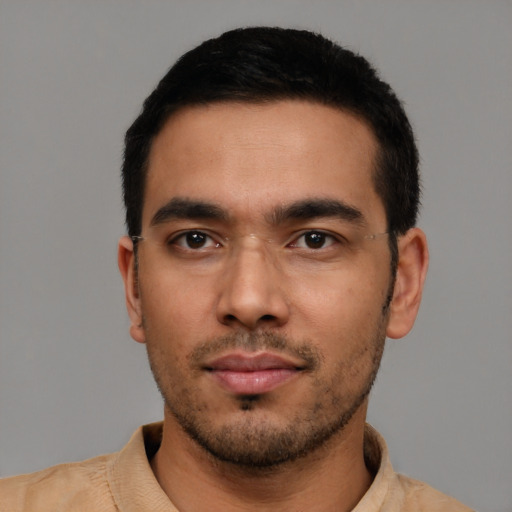 Neutral asian young-adult male with short  black hair and brown eyes