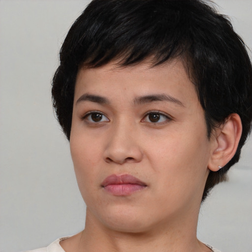 Neutral asian young-adult female with short  brown hair and brown eyes