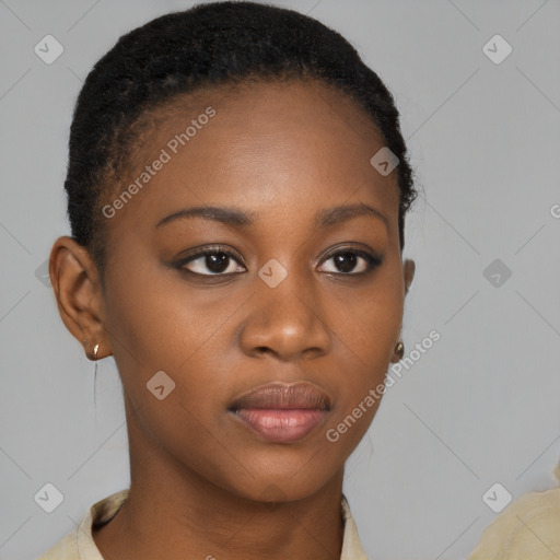 Neutral black young-adult female with short  brown hair and brown eyes