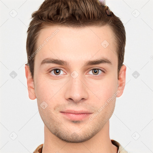 Neutral white young-adult male with short  brown hair and brown eyes