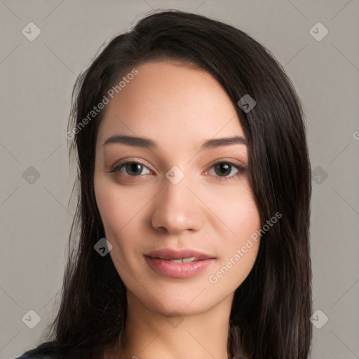 Neutral white young-adult female with long  black hair and brown eyes