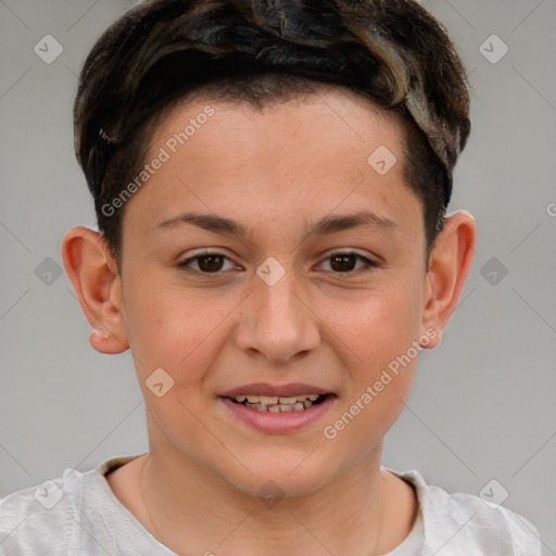 Joyful white child male with short  brown hair and brown eyes