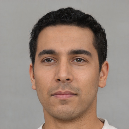 Neutral asian young-adult male with short  black hair and brown eyes