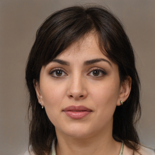 Neutral white young-adult female with medium  brown hair and brown eyes