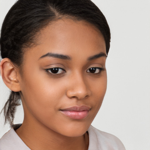 Neutral latino young-adult female with medium  brown hair and brown eyes