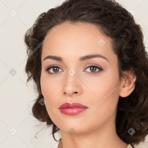 Neutral white young-adult female with medium  brown hair and brown eyes